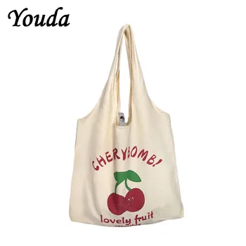  Милые Холщовые сумки для девочек, Женская сумка на плечо с фруктовым принтом в Литературном стиле, Студенческая Простая сумка Большой емкости, Универсальные сумки для Покупок