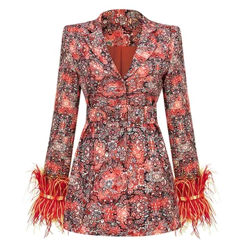  Модный Женский Блейзер с Длинным рукавом и цветочным поясом из перьев, Костюмы для женских Пальто, куртки, Праздничный наряд Vestidos Para Mujer, платье