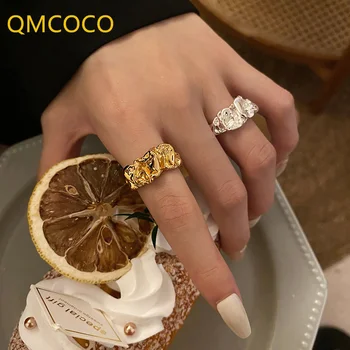  QMCOCO Модные кольца серебристого цвета для женщин, элегантные Винтажные простые украшения с неправильной текстурой, геометрические украшения для вечеринок в стиле панк