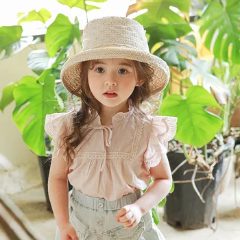  Корейская детская летняя белая блузка для маленьких девочек, Хлопковая милая одежда, школьная форма для малышей, кружевные рубашки, мода от 2 до 10 лет