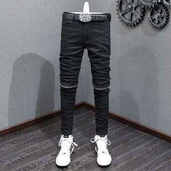  Высокие уличные модные мужские джинсы, черные эластичные эластичные облегающие джинсы в байкерском стиле, Мужские дизайнерские брюки в стиле хип-хоп панк на молнии, Hombre
