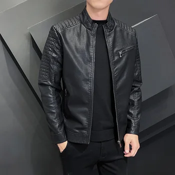  Мужская куртка, высококачественная повседневная мужская одежда, брендовая куртка, модный приталенный ветрозащитный мотоциклетный костюм из искусственной кожи со стоячим воротником