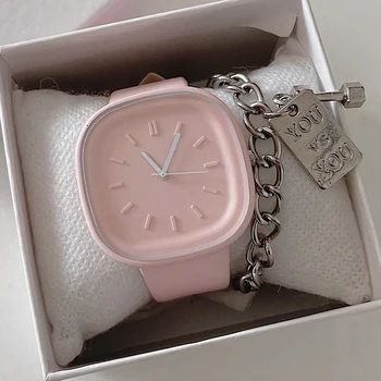  Роскошные Розовые часы Женские Корейского бренда Квадратные кварцевые часы Модные Женские водонепроницаемые простые наручные часы из искусственной кожи
