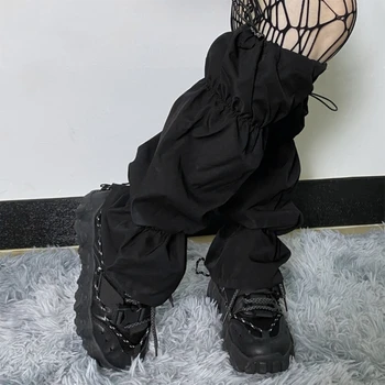  Японские женские Носки для девочек Длиной до икр, Готический панк, Черные гетры с рюшами и завязками, Многослойный чехол для улицы Харадзюку