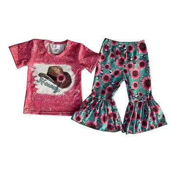  Летние модные Комплекты детской одежды Для девочек, Футболки с коротким рукавом и буквенным принтом + расклешенные брюки с цветочным принтом