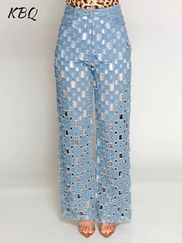  KBQ/Однотонные джинсовые брюки с вырезами для женщин, высокая талия, сплайсированный необработанный подол, Уличная одежда, Прямые брюки, Женская модная летняя одежда
