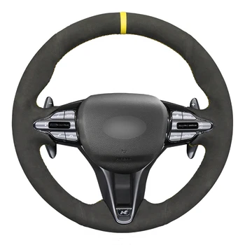  Сшитый вручную Чехол на Руль автомобиля из черной Замши с желтым маркером для Hyundai Veloster N 2019-2022/Elantra N Kona N 2022-2023