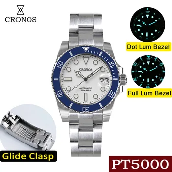  Мужские часы Cronos Sub Diver Белый циферблат с датой PT5000 Керамический безель 200 метров Водонепроницаемость Матовый браслет Glideclasp