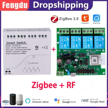  4-Канальный модуль Zigbee RF 433 постоянного тока 7-32 В переменного тока 85-250 В Smart Light APP Switch Приемник 10A Реле может работать с Alexa Google Assistant