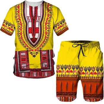  Летние футболки Оверсайз с 3D Африканским принтом/Повседневные шорты 2023, Новый винтажный топ, Женская одежда, Модный мужской спортивный костюм, комплект
