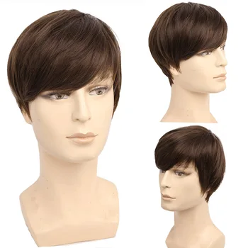  Синтетические мужские парики Amir, Коричневые Короткие прямые парики с седыми волосами, Черный Светлый парик для мужчин, Коричнево-серый парик естественной волны