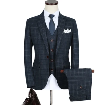  Комплект из 3 предметов (куртка + жилет + брюки), элитный брендовый бутик, Мужской клетчатый официальный костюм Жениха, Свадебное платье, банкетный костюм, мужской комплект