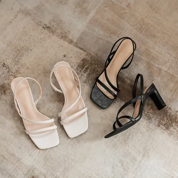  2023 Новые сандалии, Женская летняя обувь с квадратным носком, На толстом каблуке, с открытым носком, на платформе, Белый, Черный