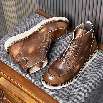  Лаконичные короткие ботинки в стиле милитари для молодых людей в западном стиле, высококачественная натуральная кожа, универсальная рабочая обувь в стиле ретро, крутая обувь для мальчиков