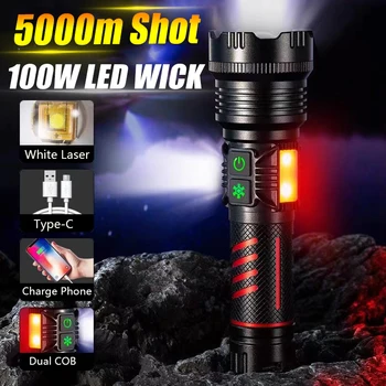  Сверхмощный светодиодный фонарик с фитилем 100 Вт и двойными боковыми фонарями, дальность освещения 5000 м, водонепроницаемый тактический охотничий фонарь