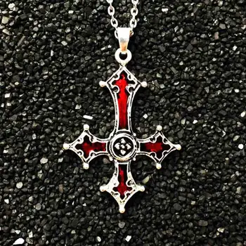  Красное кровавое ожерелье с перевернутым крестом, винтажное ожерелье с готическим крестом, дьявол, люцифер, сатана, сатанинские украшения