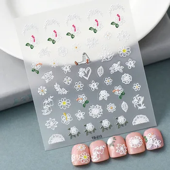  Наклейки для дизайна ногтей с тиснением Серии White 5D Простые Ажурные цветы, дизайн декора, Ультратонкие Очаровательные Слайдеры, наклейки для маникюра