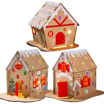  Рождественский Домик для печенья из крафт-бумаги, рождественский подарок для детей, бумажный материал ручной работы, наклейки и электронная свеча