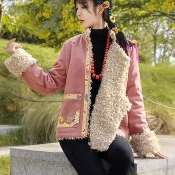  Китайское тибетское пальто, женская куртка, зимняя толстая бархатная винтажная вышивка