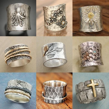  Винтажные панковские резные кольца с животными и цветами для женщин, простое серебряное Широкое кольцо на палец, мужские вечерние ювелирные изделия оптом