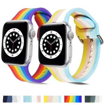  Силиконовый Браслет Ремешок Для Apple Watch Band 44 мм 40 мм 38 мм 42 мм Резиновый Ремень Correa Браслет iWatch 3 4 5 Se 6 Band Rainbow