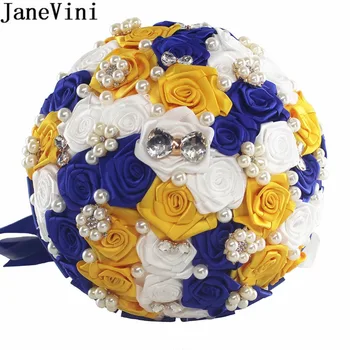  JaneVini Королевские Синие Цветы Свадебные Букеты С Хрустальным Желтым Жемчугом Свадебная Брошь Для Подружек Невесты Атласный Букет Цветов