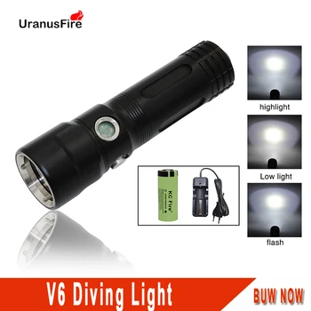  Uranusfire фонарик для подводного плавания светодиодный водонепроницаемый V6 2000 люмен Мощные портативные тактические фонари 18650 26650 для дайвинга