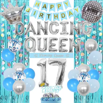  Синие и серебристые Украшения для Танцующей Королевы на 17-й день рождения, Декоры для дискотеки, Танцующая Королева, Баннер, Корона, воздушный шар, Занавески с бахромой