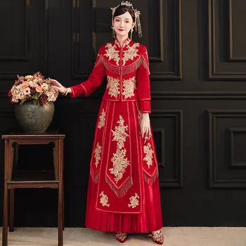  Red Embroidery Wedding Dress Chinese Bride Traditional  Banquet Costume Classic Cheongsam China Qipao костюм для восточных