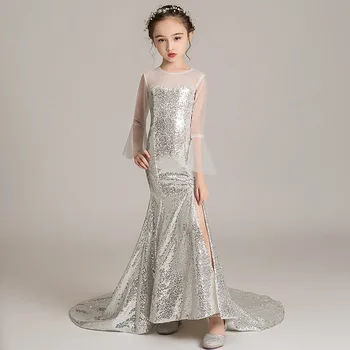  Длинное платье Русалки для больших детей, вечерние платья для девочек, размеры от 12 до 14 лет, черное коктейльное Элегантное платье с блестками