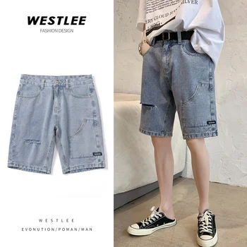  Джинсовые шорты мужские летние, новые, универсальные, свободные, повседневные, бренд tide, корейская версия брюк с пятью отверстиями