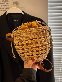  Плетеная соломенная сумка через плечо 2023 из приморского ротанга, Летняя Нишевая сумка на шнурке, Модные сумки через плечо на шнурке для женщин