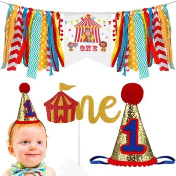  3 Предмета, детские праздничные принадлежности на Первый день Рождения, Цирковая тема Карнавала, Красочный баннер, Торт, Шляпа с флагом, День рождения годовалого ребенка