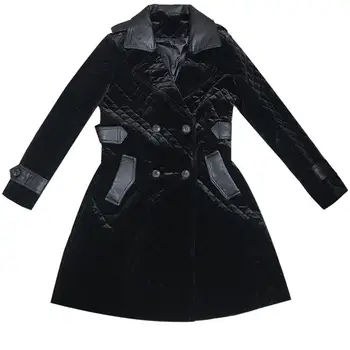  Женские черные парки, зимнее пальто из искусственной кожи, тонкая элегантная теплая куртка с хлопковой подкладкой и поясом, пальто