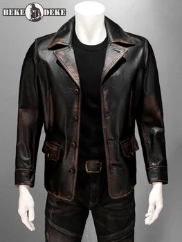  Винтажная мужская куртка из натуральной кожи ручной работы в американском стиле из конской кожи, деловое Мужское Однобортное приталенное рабочее пальто-карго 5XL