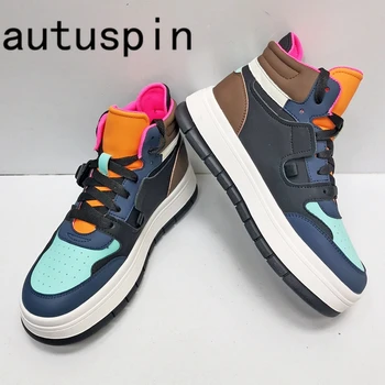 Autuspin 2023, Женская обувь для скейтборда с высоким берцем, Четырехсезонные разноцветные качественные кожаные Вулканизированные кроссовки, Женская уличная мода