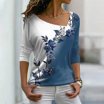  Женская футболка с цветочным градиентным принтом, Женская 2023, Осень-зима, Милые повседневные топы с V-образным вырезом и длинным рукавом, повседневные универсальные базовые