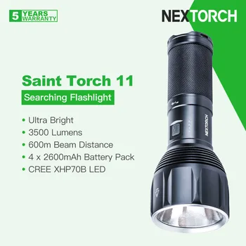  Поисковый фонарик Nextorch Saint Torch 11, Сверхяркий луч 3500 люмен длиной 600 м, аккумулятор 4x2600 мАч, перезаряжаемый Type-C