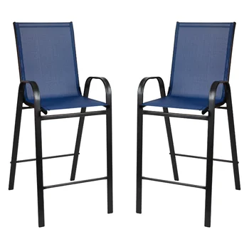  Уличные Барные стулья для бара Flash Furniture 2 Комплекта серии Brazos Темно-синего цвета с гибким Комфортным Материалом и металлическим каркасом