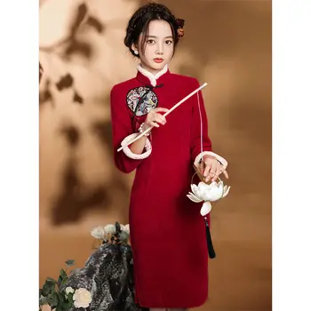 Красный cheongsam 2022 новая осень с длинным рукавом ретро улучшенные зимние плюшевые утолщенные длинные зимние китайское традиционное платье