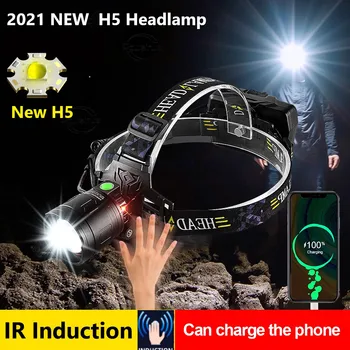  2021 Новейший H5 Мощный светодиодный налобный фонарь XHP90.2 Индукционный светодиодный налобный фонарь 18650 Налобный фонарик USB Перезаряжаемый налобный фонарь 18h