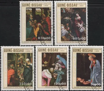  5 шт./компл. Почтовых марок Гвинеи-Бисау 1989 года с надписью Всемирно известных картин, Почтовые марки для коллекционирования