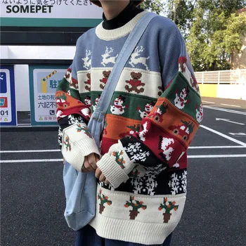  Рождественский свитер, мужской зимний Винтажный свободный пуловер с круглым вырезом, свитера, корейская одежда для пар, вязаные топы в стиле хип-хоп ретро