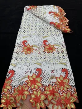  Белая высококачественная африканская кружевная ткань с пайетками, розничная продажа, 5 ярдов сетчатого кружева для нигерийского пошива, африканское свадебное платье большого размера