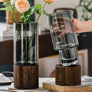  Минималистичная стеклянная ваза на твердой деревянной основе, прозрачная стеклянная ваза для гидропонных растений, вазы для домашнего декора стола в гостиной