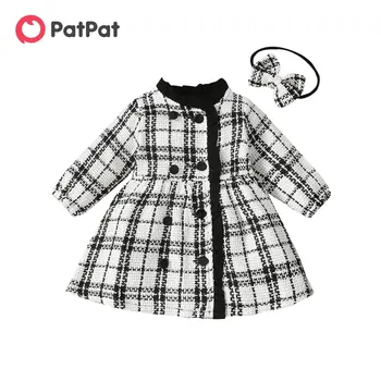  PatPat/ комплект из 2 предметов, двубортное платье в клетку с оборками и длинными рукавами для маленьких девочек