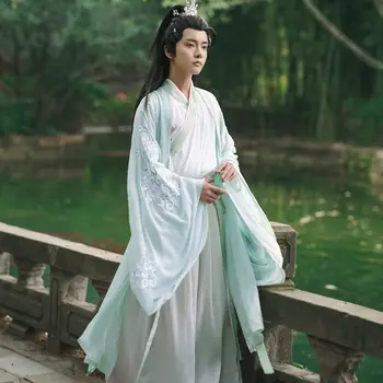  Оригинальный Китайский Hanfu для мужчин, Летняя зеленая рубашка с перекрестным воротником и широкими рукавами, сказочные наряды, 3 шт., полные костюмы