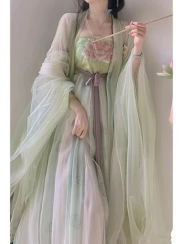  Ханфу, Древнекитайские традиционные платья для женщин, зеленые, фиолетовые Костюмы для Косплея, Весенние Женские костюмы Большого Размера, 3 шт., Полные костюмы
