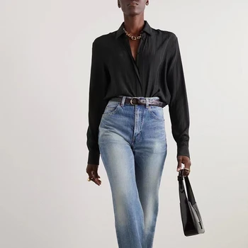  Осень 2023, новая шелковая темно-жаккардовая рубашка с длинными рукавами, повседневные модные черные сдержанные роскошные свободные женские топы y2k
