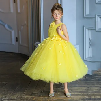  Модные Желтые Индивидуальные платья с цветочным узором для девочек, мягкие тюлевые Детские платья для Свадебной вечеринки, платье для Первого Причастия